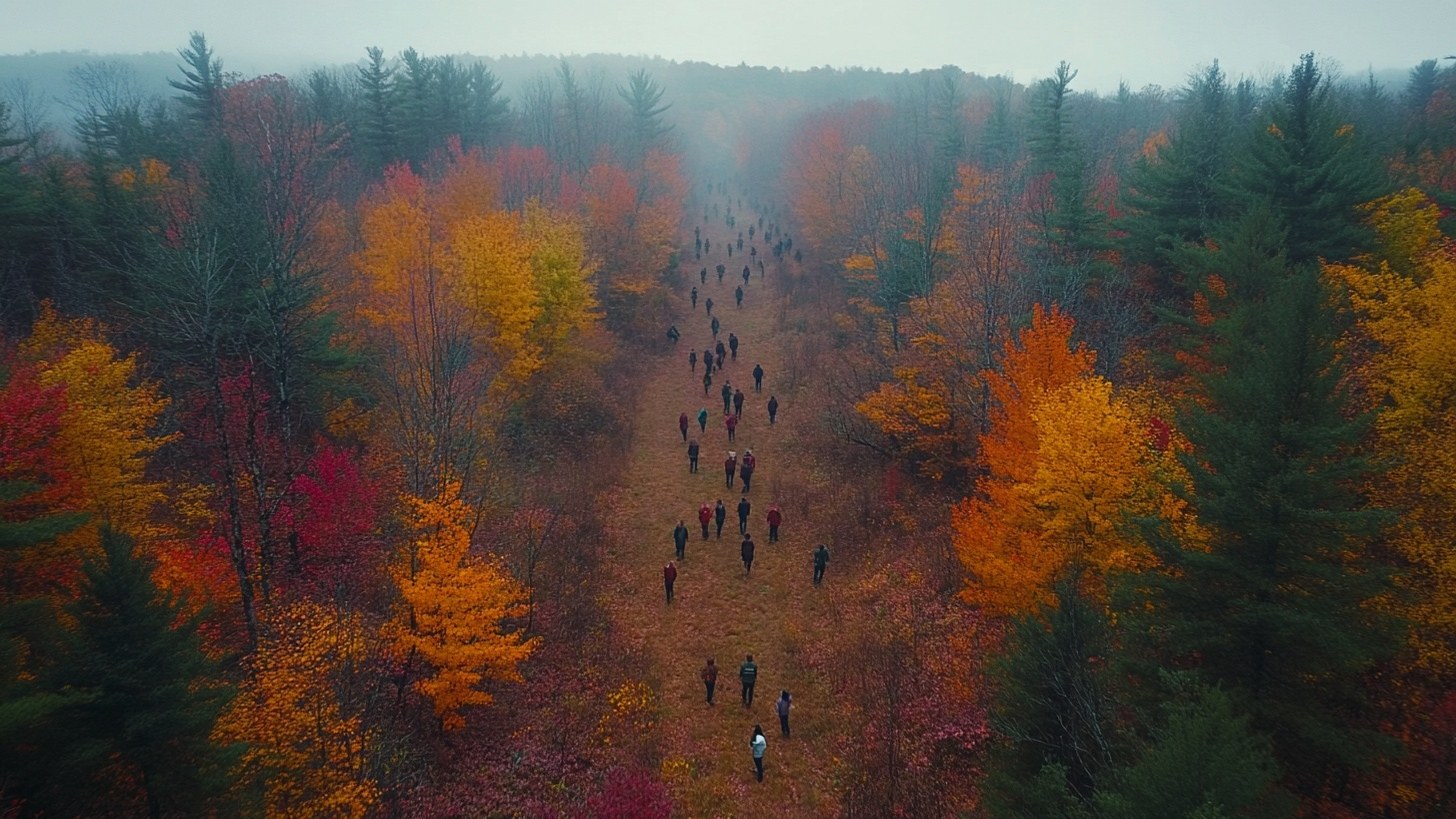 Vista aérea de equipos de búsqueda cruzando el bosque de otoño cerca de la montaña Glastenbury, Vermont