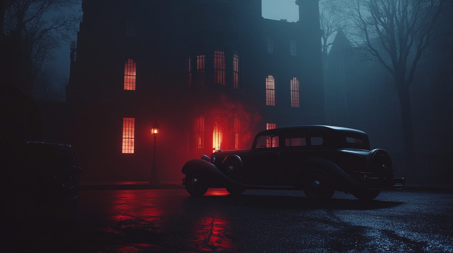 Mansion de noche con las ventanas encendidas en rojo y un automovil antiguo al frente