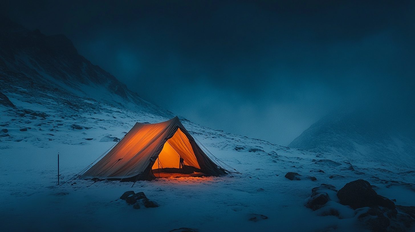 Carpa naranja iluminada por dentro, sola en la nieve durante la noche
