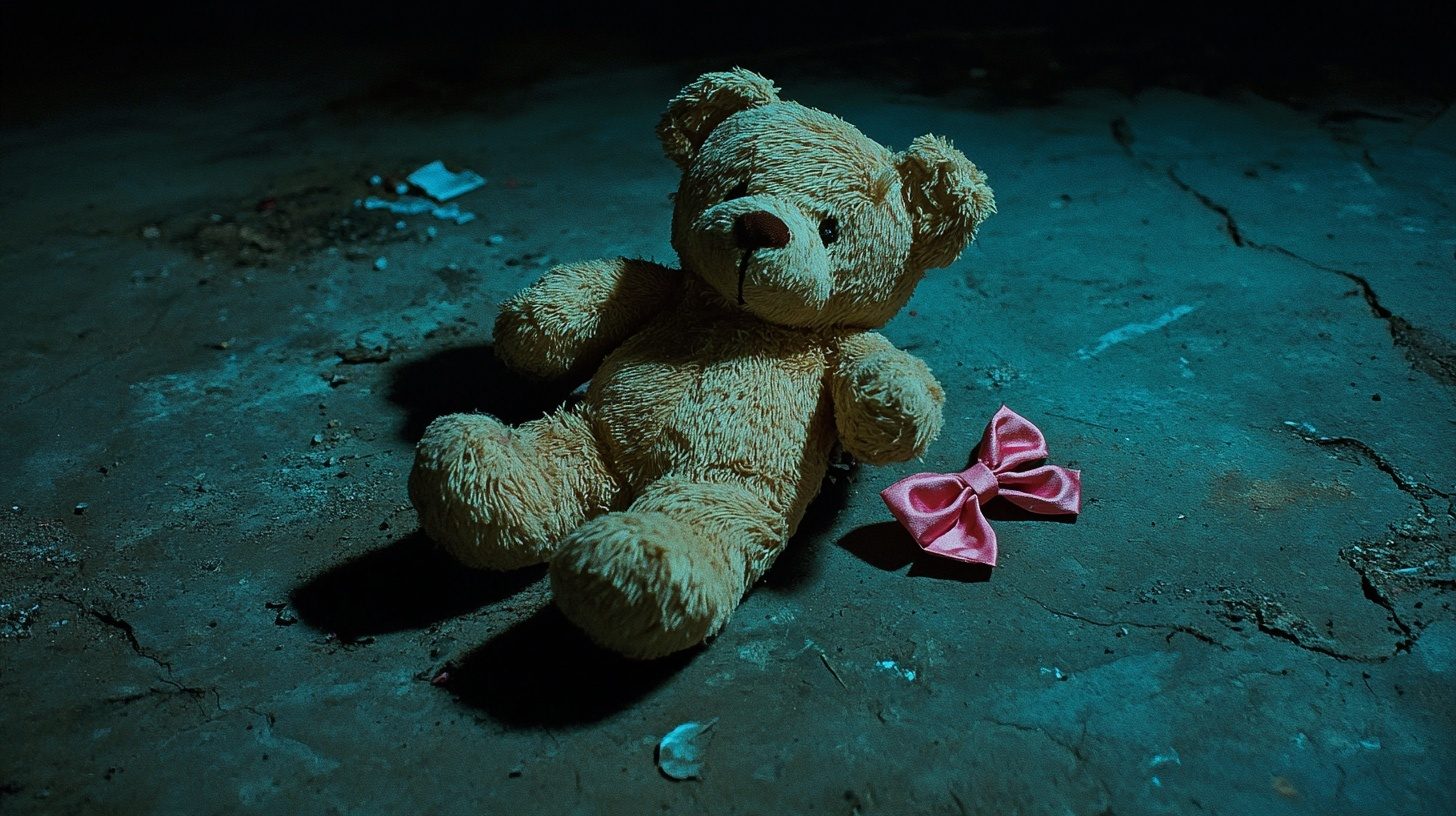 Oso de peluche abandonado en el suelo agrietado junto a un lazo rosa