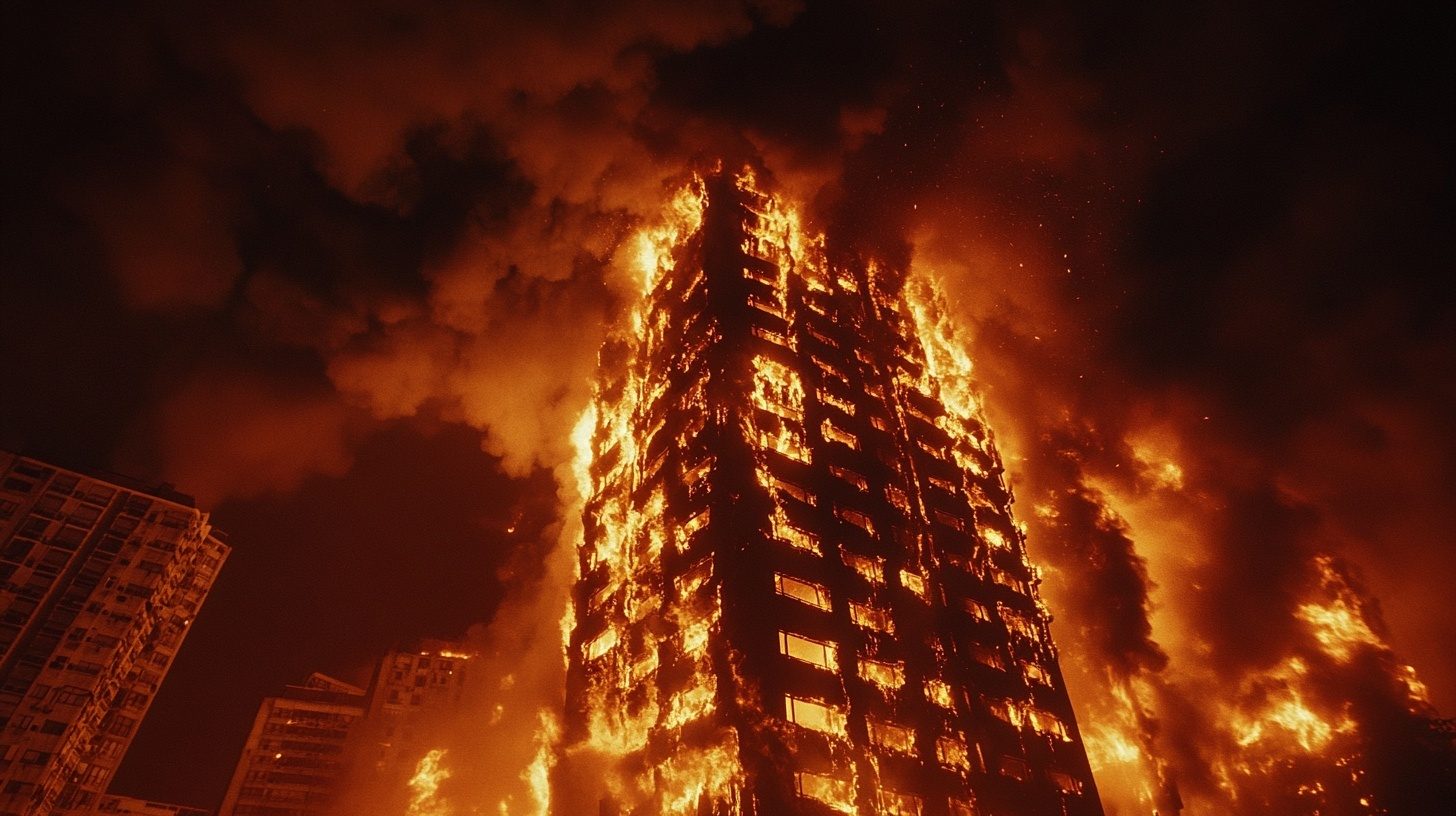 Edificio alto envuelto en llamas y humo contra el cielo nocturno