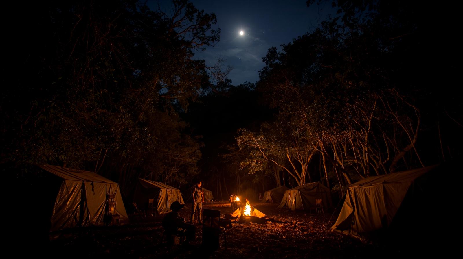 Campamento militar brasileno de noche en la selva amazonica durante la Operacion Prato