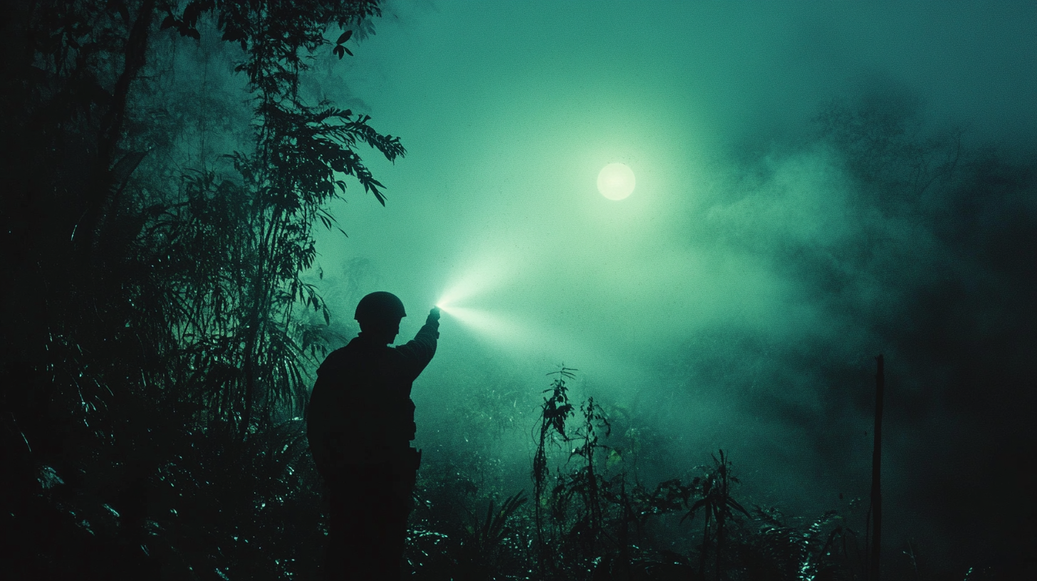 Silueta militar con reflector escaneando la selva de noche durante la Operacion Prato