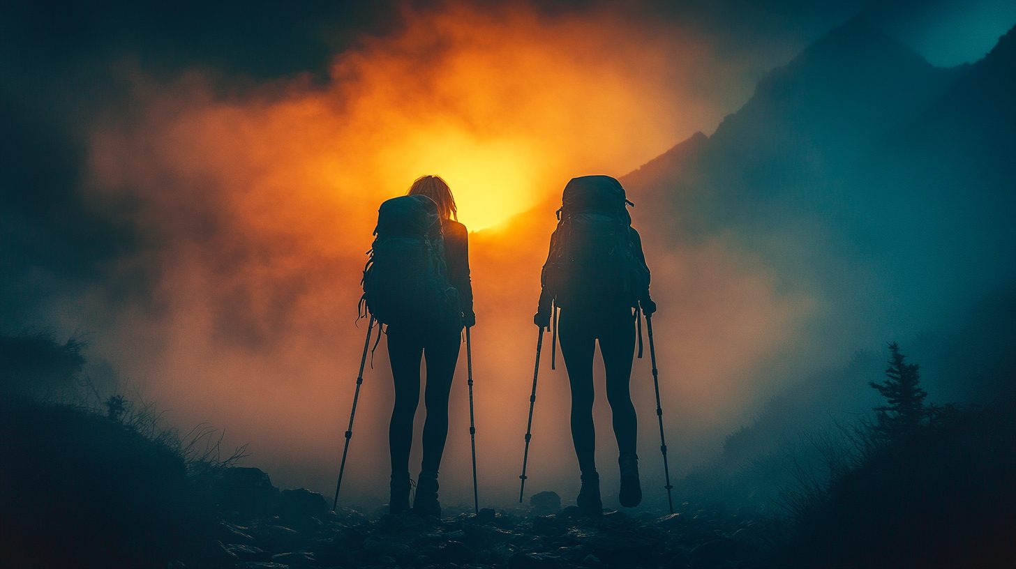 Dos excursionistas en silueta contra el sol, entre la niebla de la montana