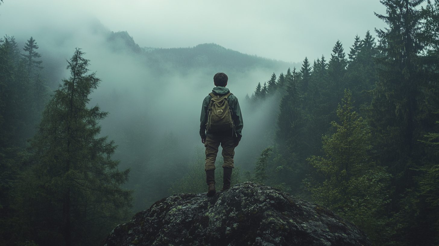 Joven con mochila de pie sobre una roca frente al bosque cubierto de niebla