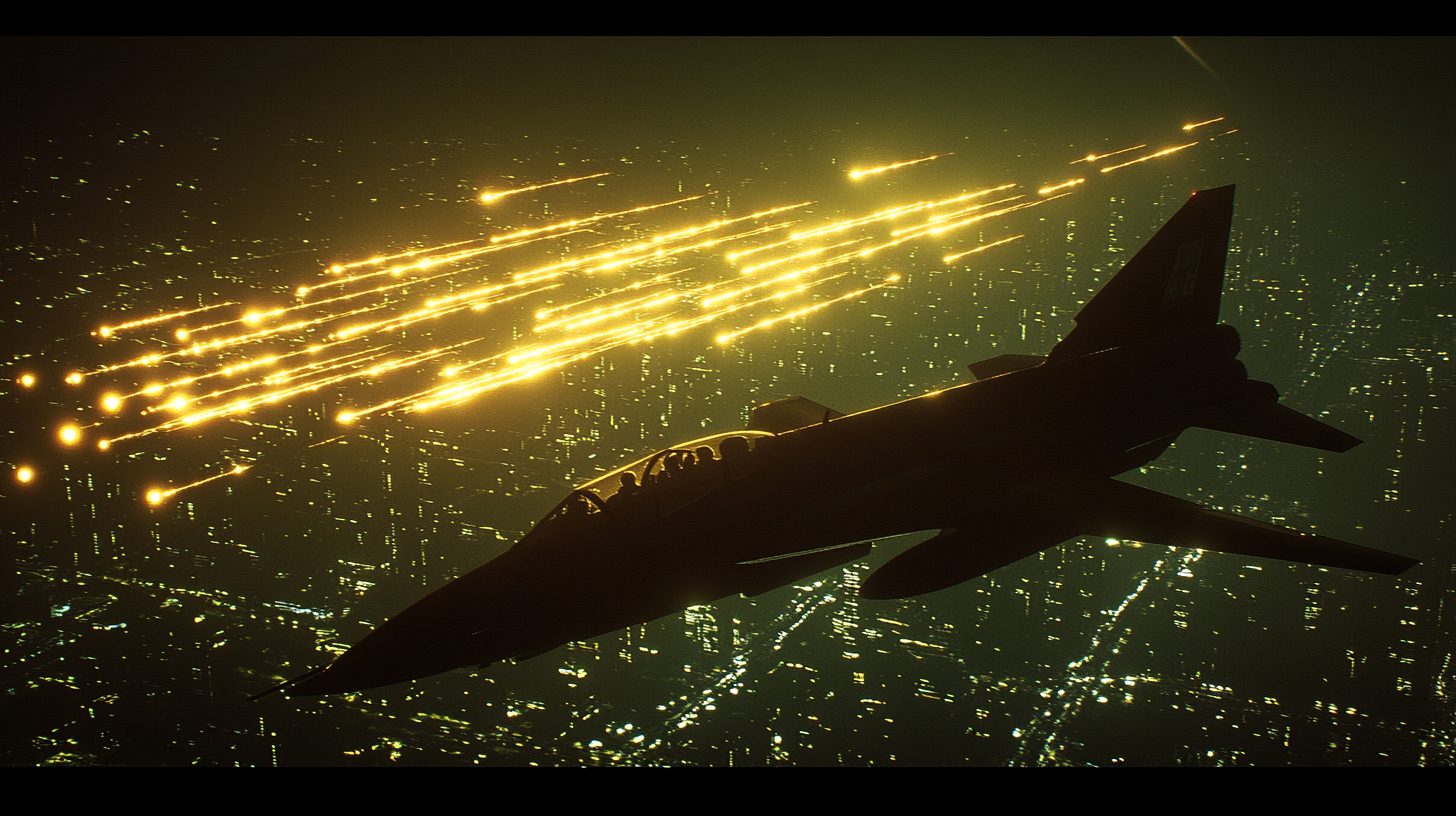 Caza militar sobrevolando de noche una ciudad iluminada, con estelas de luz en el cielo