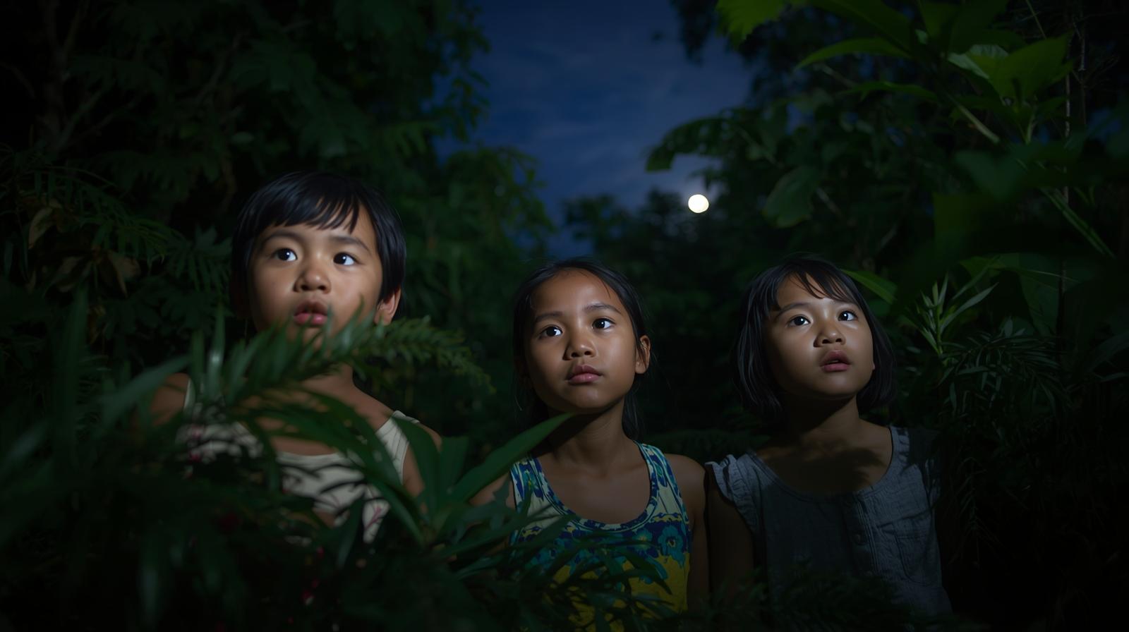 Tres jovenes asustadas mirando hacia arbustos oscuros de noche en Varginha
