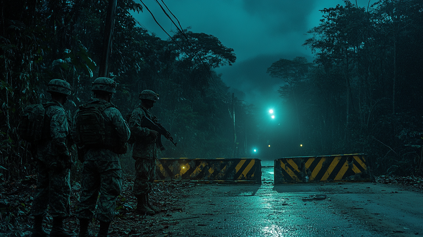 Vehiculos militares bloqueando una calle de noche en Varginha durante el incidente de 1996